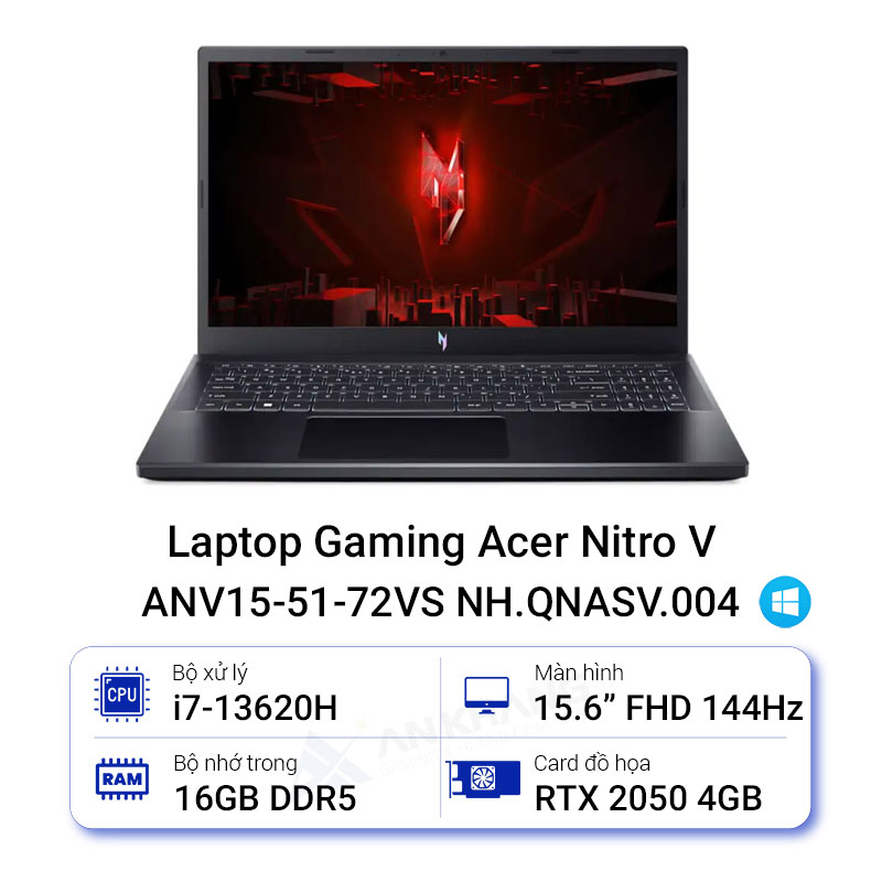 Máy tính xách tay Acer N23Q22 (ANV15-51-72VS) (i7-13620H;16GB; 512GB SSD; RTX2050/4GB;15.6&quot; FHD 144Hz; Win11; Đen;NH.QNASV.004) - HÀNG CHÍNH HÃNG