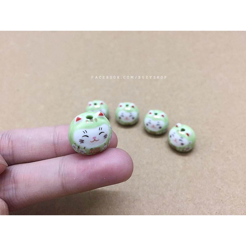 Mèo sứ tròn, mèo may mắn, mèo xỏ vòng - màu xanh lá
