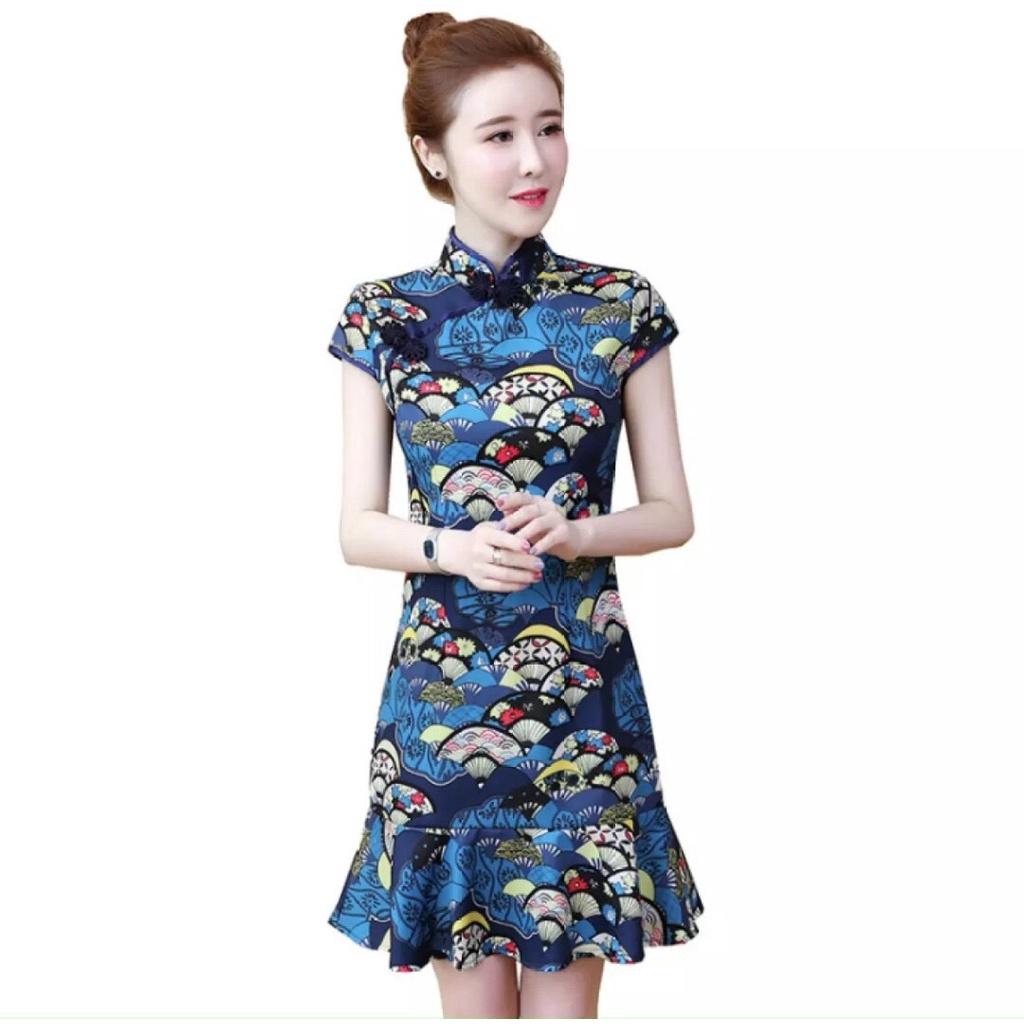 TBO-Đầm Đuôi Cá Cổ Tàu Họa Tiết 3D thun dảo in KTS rằn ri