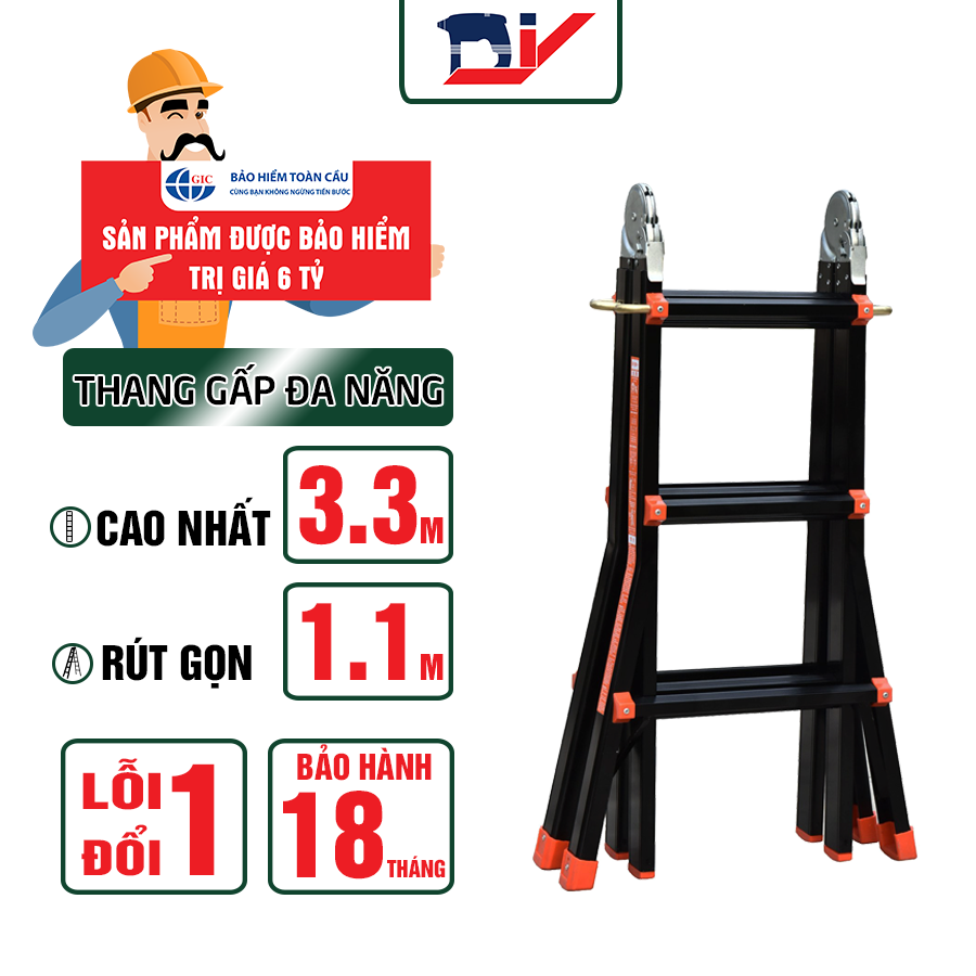 Thang nhôm gấp đa năng DIY MTL-43 chiều cao tối đa chữ I 3m, chữ A 1.45cm