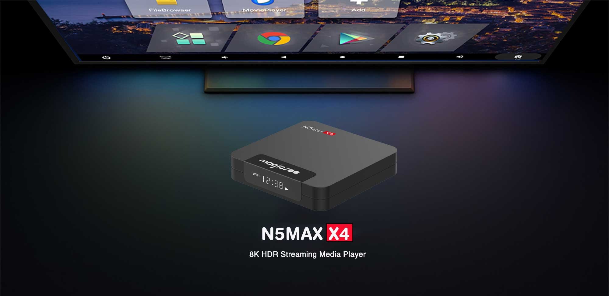 Android tivi box magicsee n5 max x4 Rom 64G Ram 4G  điều khiển giọng nói tiếng Việt kiêm bàn phím chuột bay có đèn nền wifi 2 băng tần bluetooth S905X4 cài sẵn phim, truyền hình cáp miễn phí vĩnh viễn - Hàng nhập khẩu