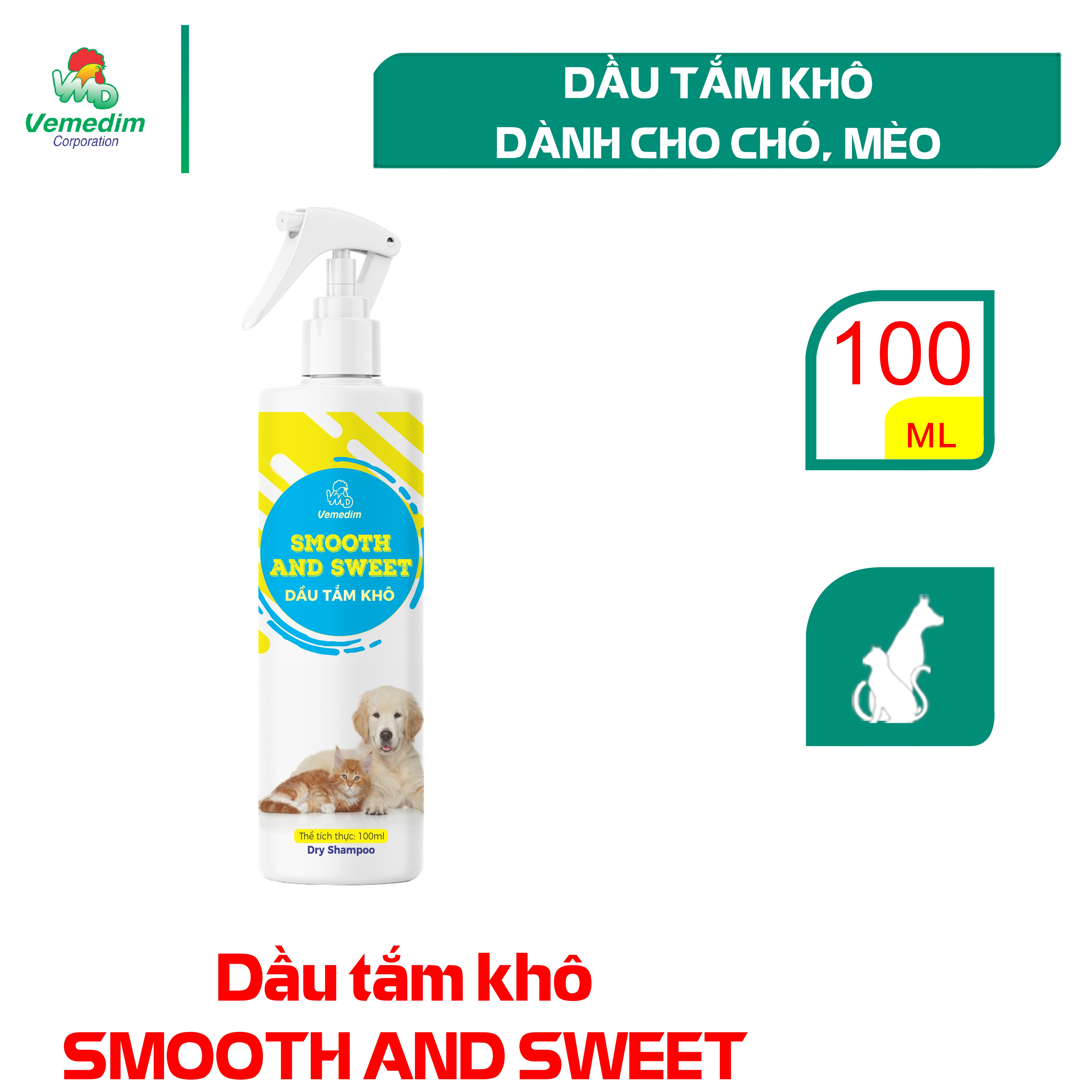 Vemedim Dầu tắm khô Smooth and Sweeet dùng cho chó mèo, chai 100ml