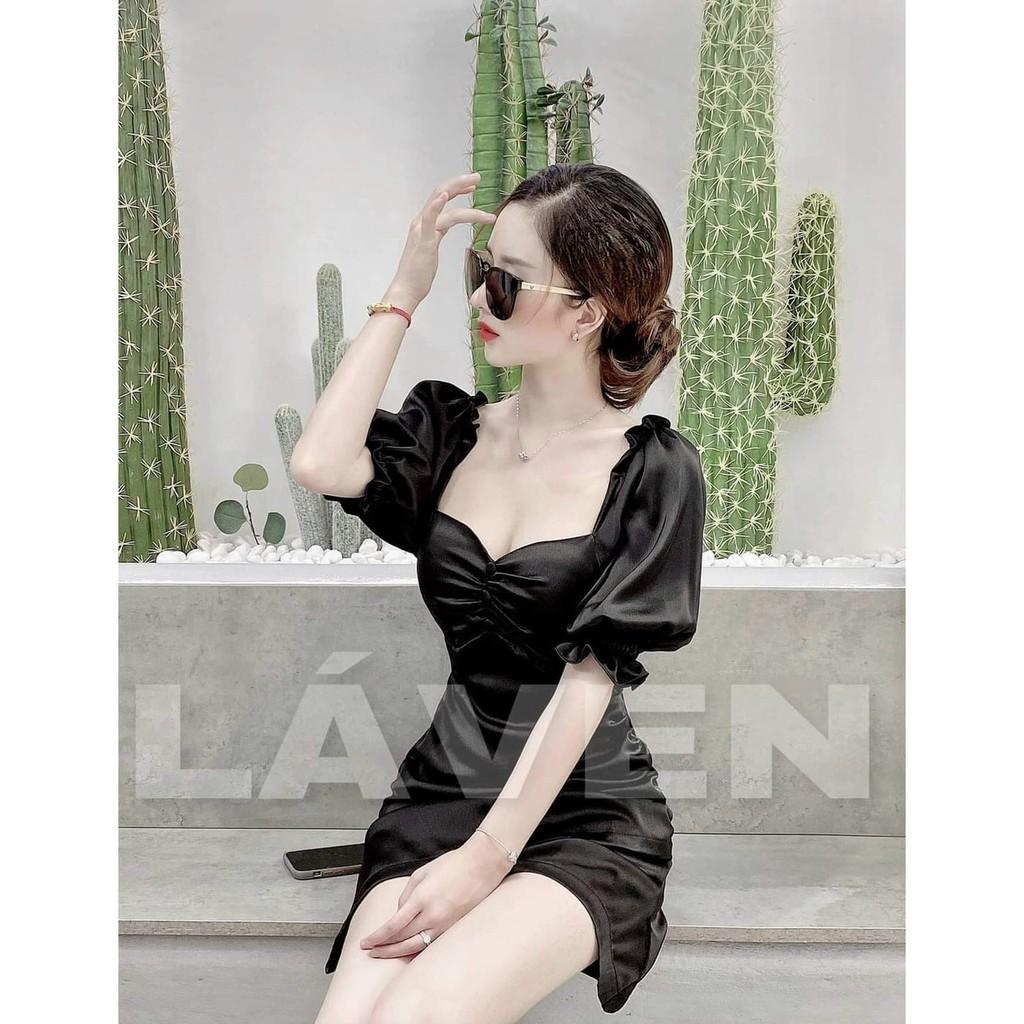 Váy đầm nữ tay phồng đính nút trước ngực chất lụa satin (có sẵn mút) HT72 AM
