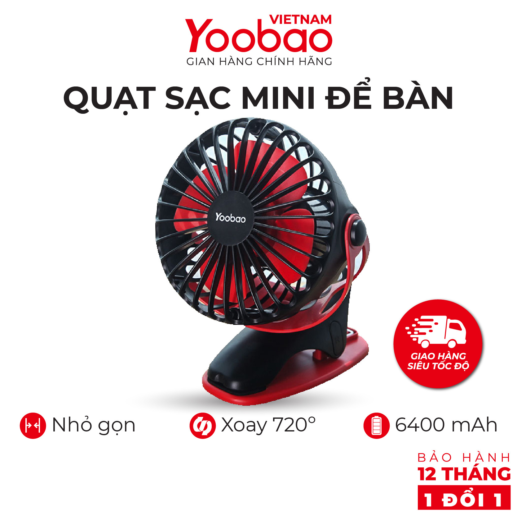 Quạt sạc mini để bàn YOOBAO F04 6400mAh Xoay 720 độ - Chạy 32 giờ liên tục - Hàng chính hãng - Bảo hành 12 tháng 1 đổi 1