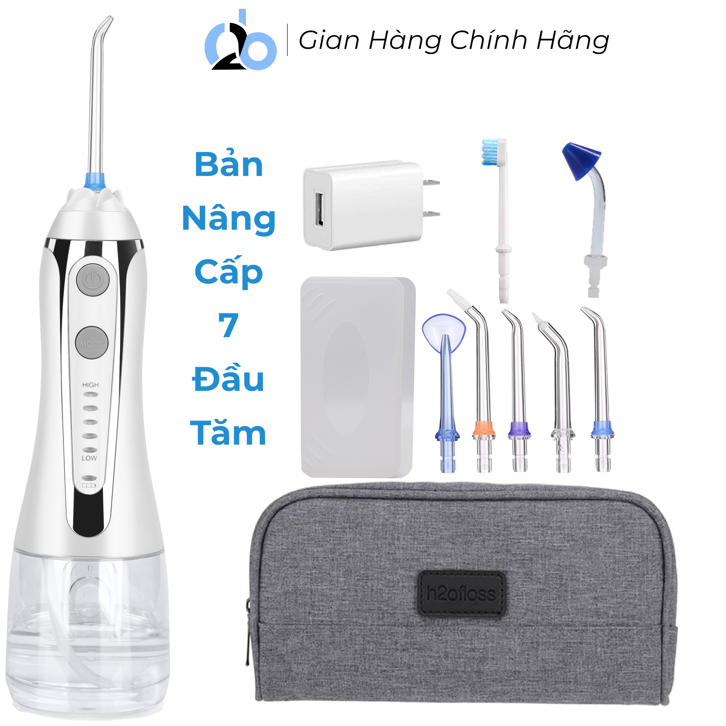 Tăm nước cầm tay H2ofloss HF-2 phiên bản nâng cấp được phân phối độc quyền với nút mở bình nước tiện lợi, tặng kèm 7 đầu tăm, củ sạc nguồn thấp - Hf-2 trắng
