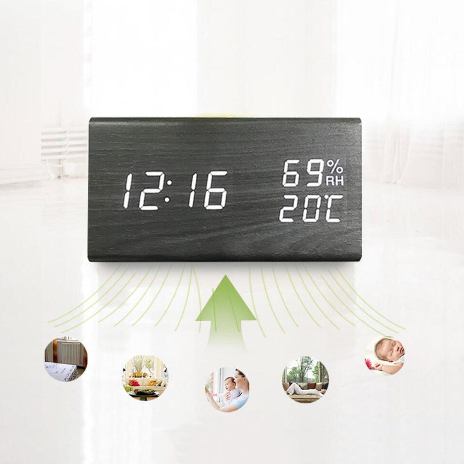 Large Wooden Digital Alarm Clock Temperature Portable Bedroom Table Clocks