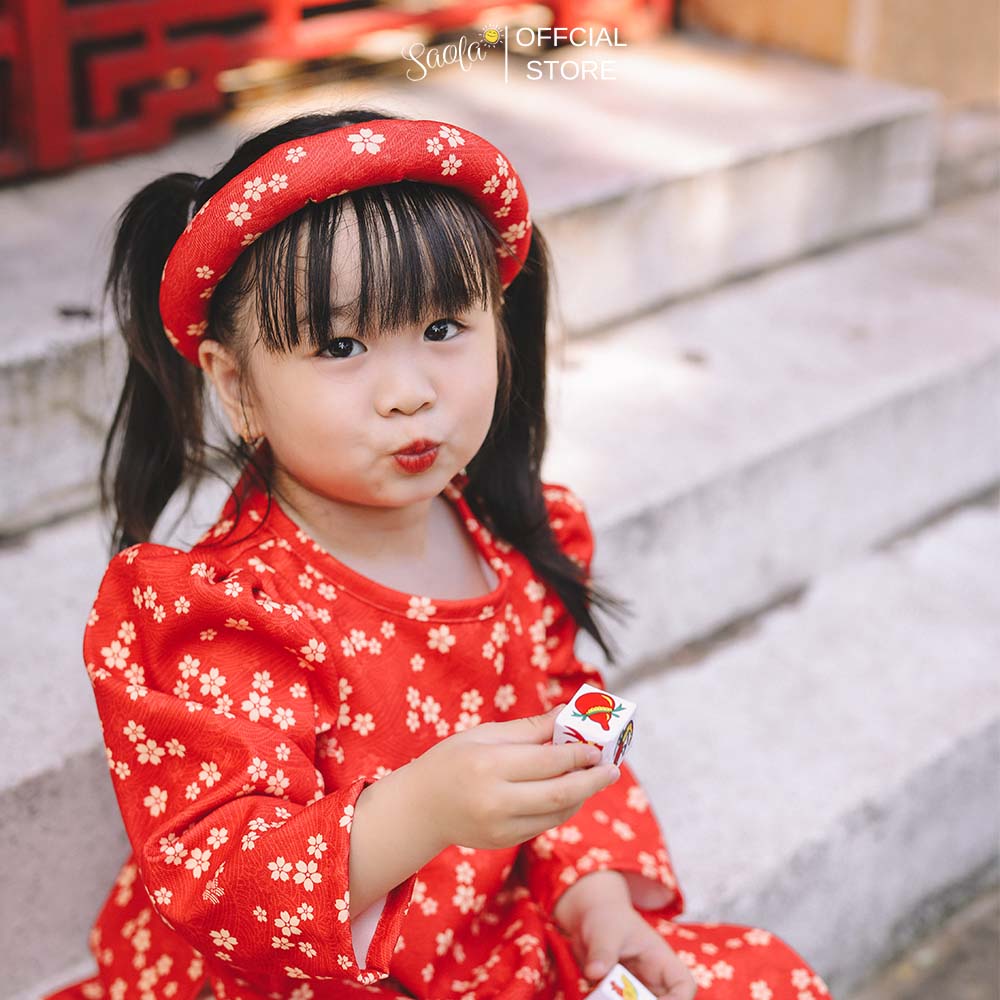 Áo Dài Tết Cách Tân Cho Bé Gái Hoạ Tiết Hoa Nhí  [Tặng Kèm Mấn] - Áo Dài &quot;Xuân&quot; - AD004 - SAOLA KIDS CLOTHING