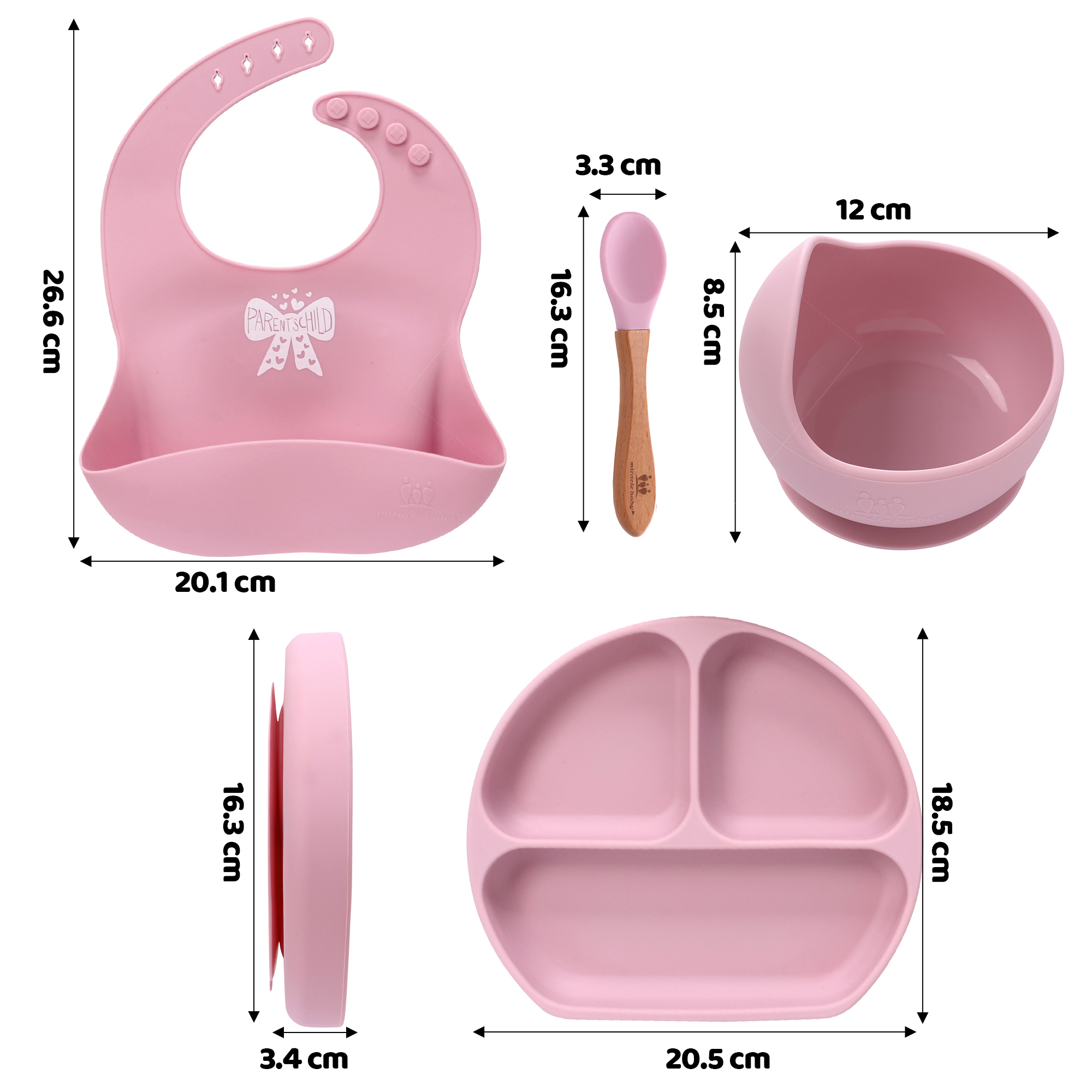 Combo 4 món ăn dặm Miraclebaby bát/chén-khay-yếm-muỗng/thìa-ly/cốc silicone cao cấp có đế hít chống đổ