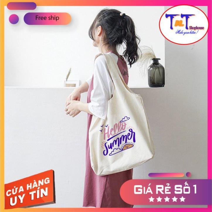 TT18 Túi tote vải Canvas đeo vai phong cách Ulzzang, vải bố form Unisex Vintage