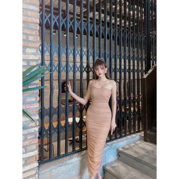 Đầm body lưới nhún 1 vai