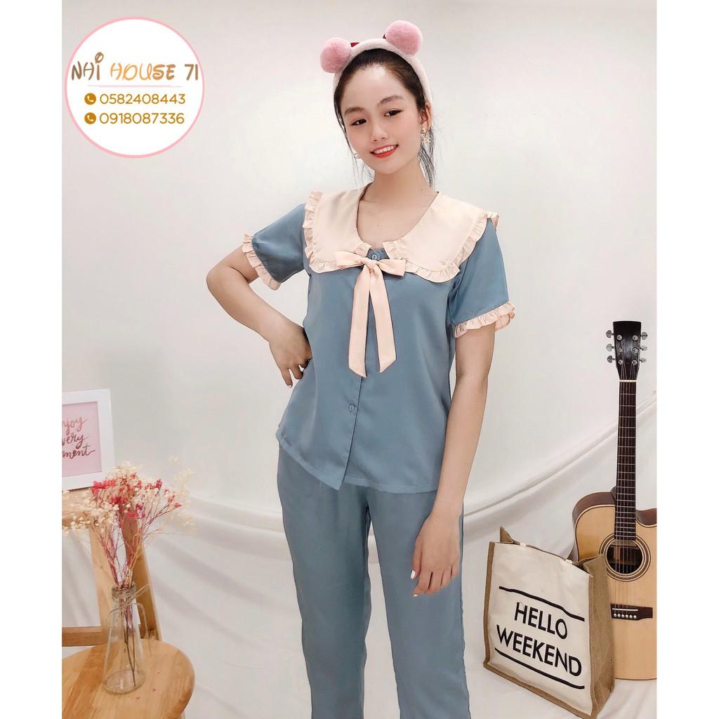 Bộ lụa Pijama NHIHOUSE71 Bộ Quần Dài Tay Ngăn Lụa Satin Tiểu Thư Cổ Phối Bèo Nơ Freesize 45-58kg