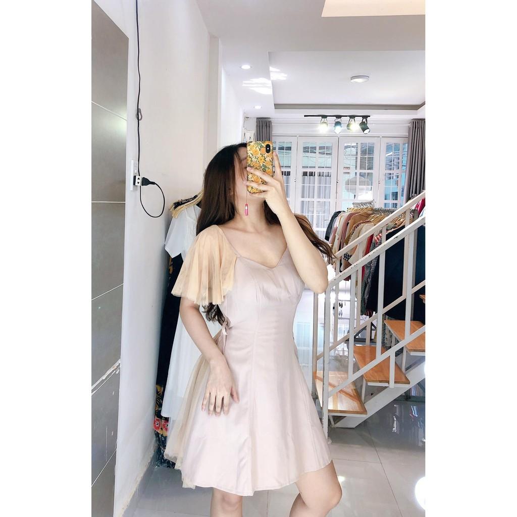 ĐẦM THẮT EO TAY LƯỚI CỔ V