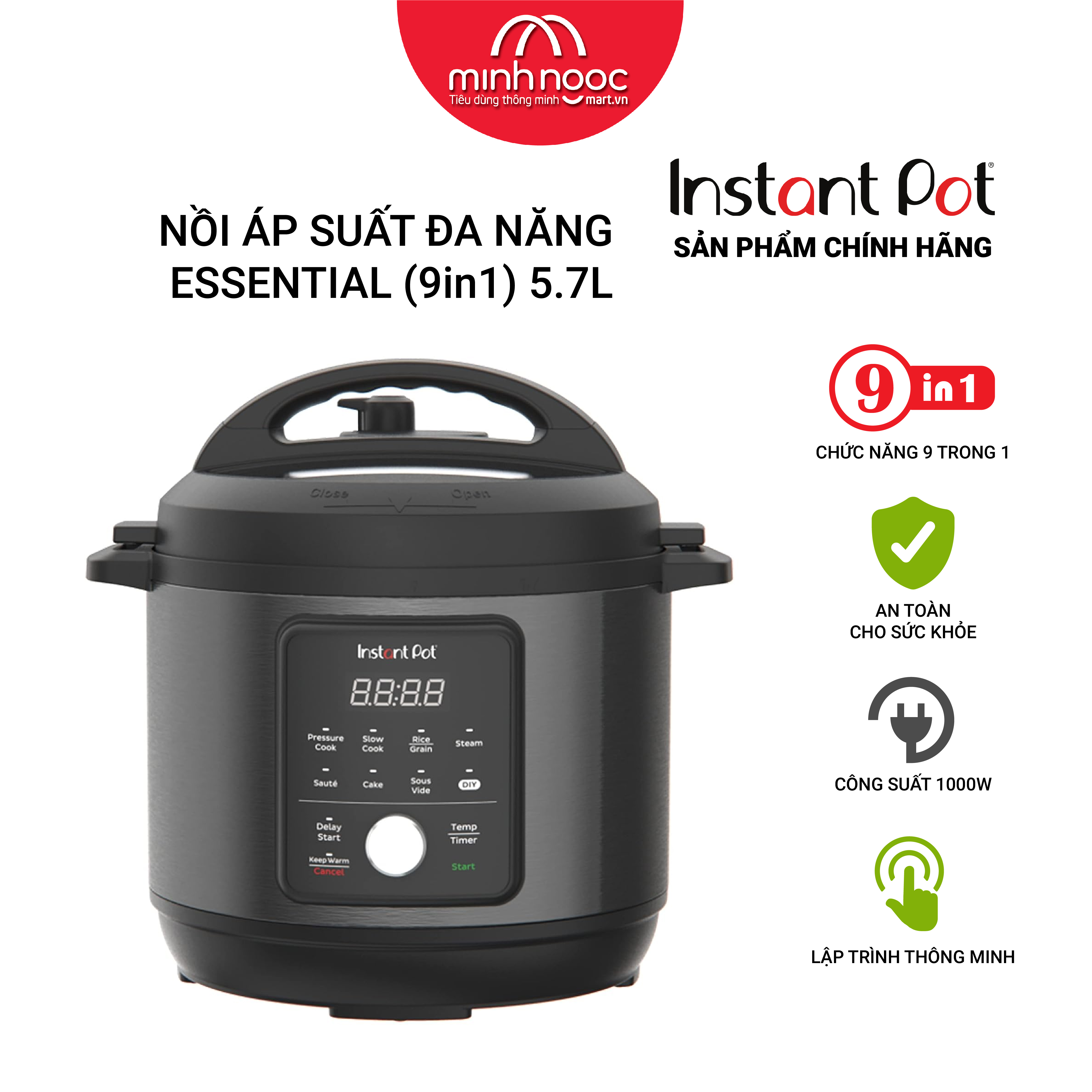 Nồi Áp Suất Điện Đa Năng Instant Pot Essential 60, Dung tích 5.7 Lít, 9 tính năng trong 1