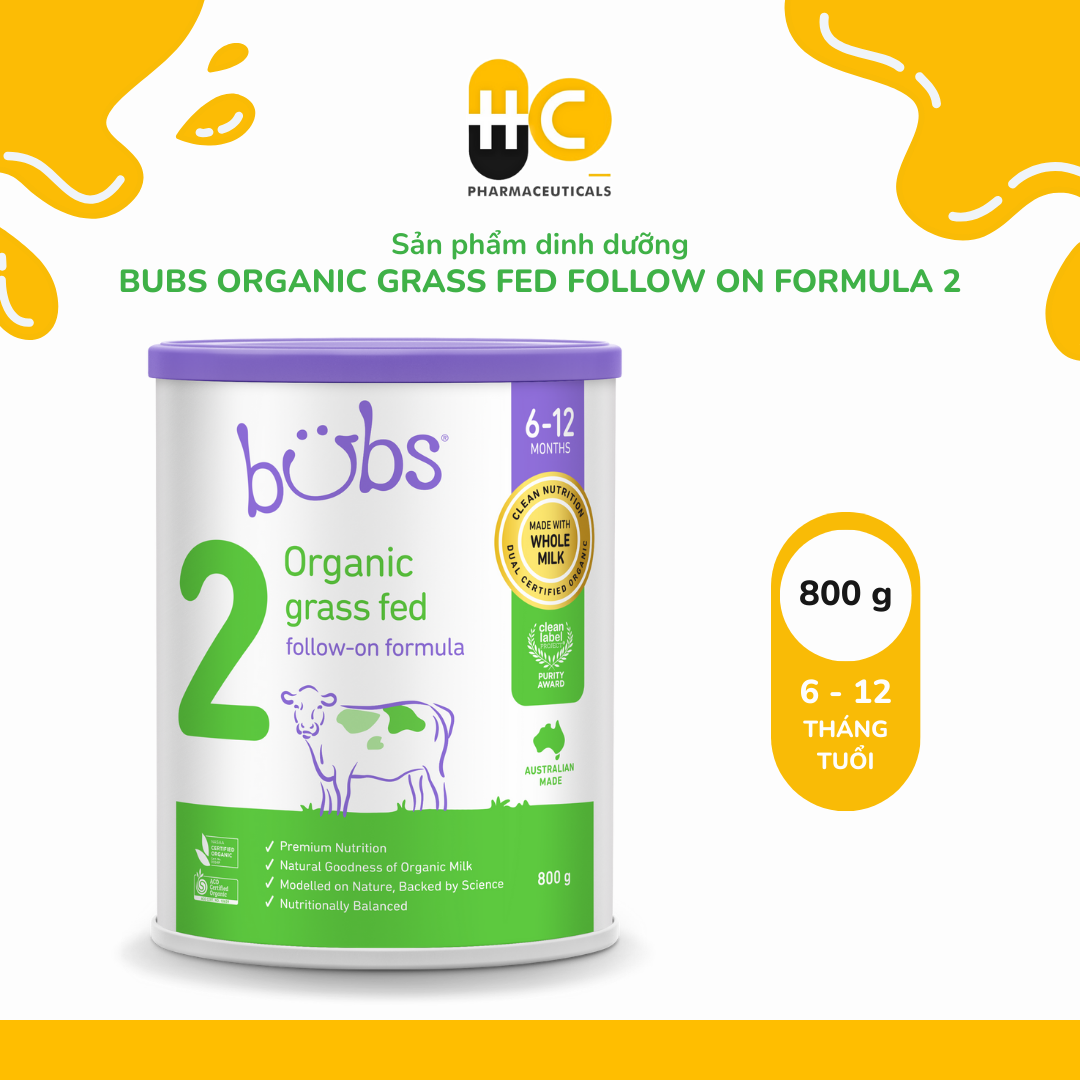 Sản phẩm dinh dưỡng công thức hữu cơ Bubs Organic Grass Fed Follow-On Formula 2 (6–12 tháng tuổi) – 800g