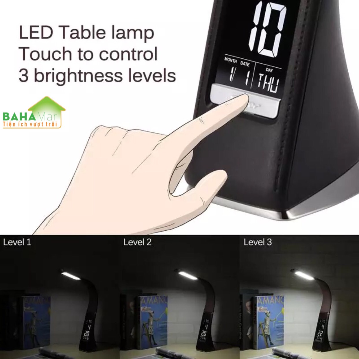 ĐÈN LED ĐỂ BÀN CHỐNG CHÓI CHỐNG CẬN  TIỆN DÙNG CHO HỌC TẬP, LÀM VIỆC VÀ ĐỌC SÁCH "BAHAMAR" tích hợp đồng hồ báo thức, lịch, thời gian và màn hình hiển thị nhiệt độ,có thể điều chỉnh 3 mức độ sáng mềm mại và không chói mắt