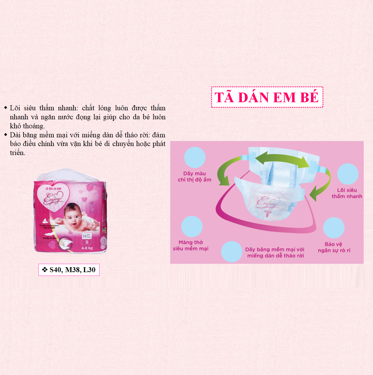 Tã dán sơ sinh Enjoy size S, M, L cho bé từ 4-25kg, mềm mại, thấm hút, chuẩn chất lượng Châu Âu