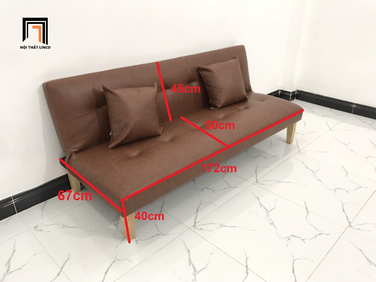 Ghế sofa bed phòng khách nhỏ nâu đậm simili giả da nhiều kích cỡ