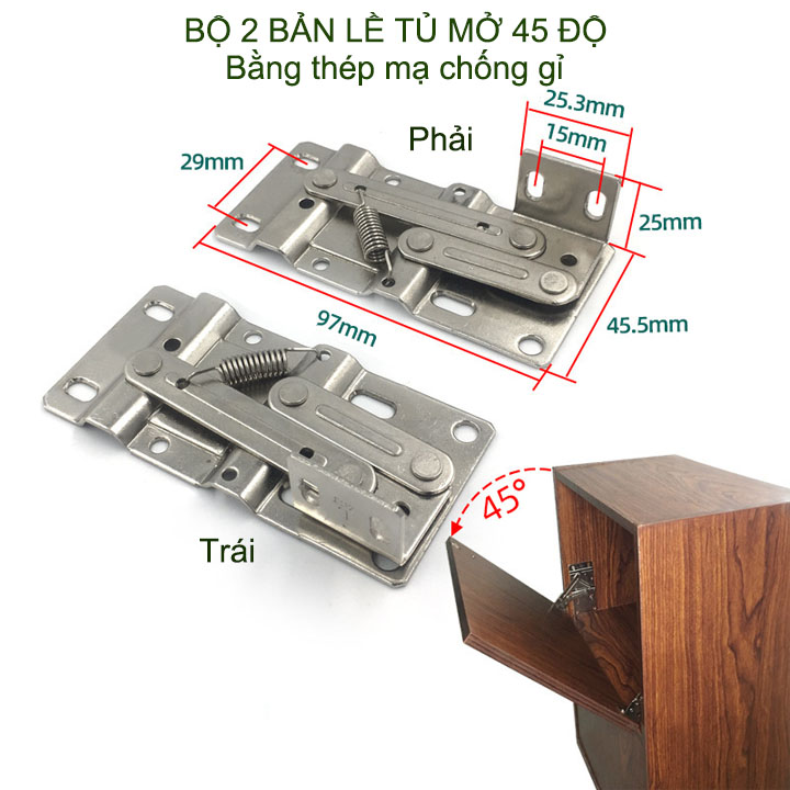 Bộ 2 bản lề tủ 45 độ, bằng thép mạ niken chống gỉ, dùng chỏ tủ bếp, tủ giày