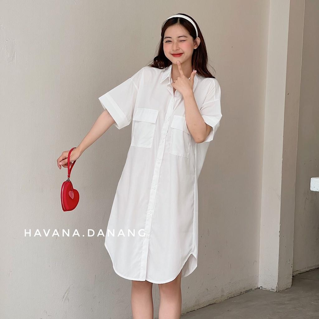 Đầm sơ mi tay cộc, sơ mi hai túi freesize form rộng