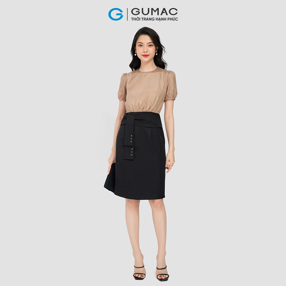 Đầm bút chì phối voan GUMAC DC08056 vải mềm mịn màu nâu