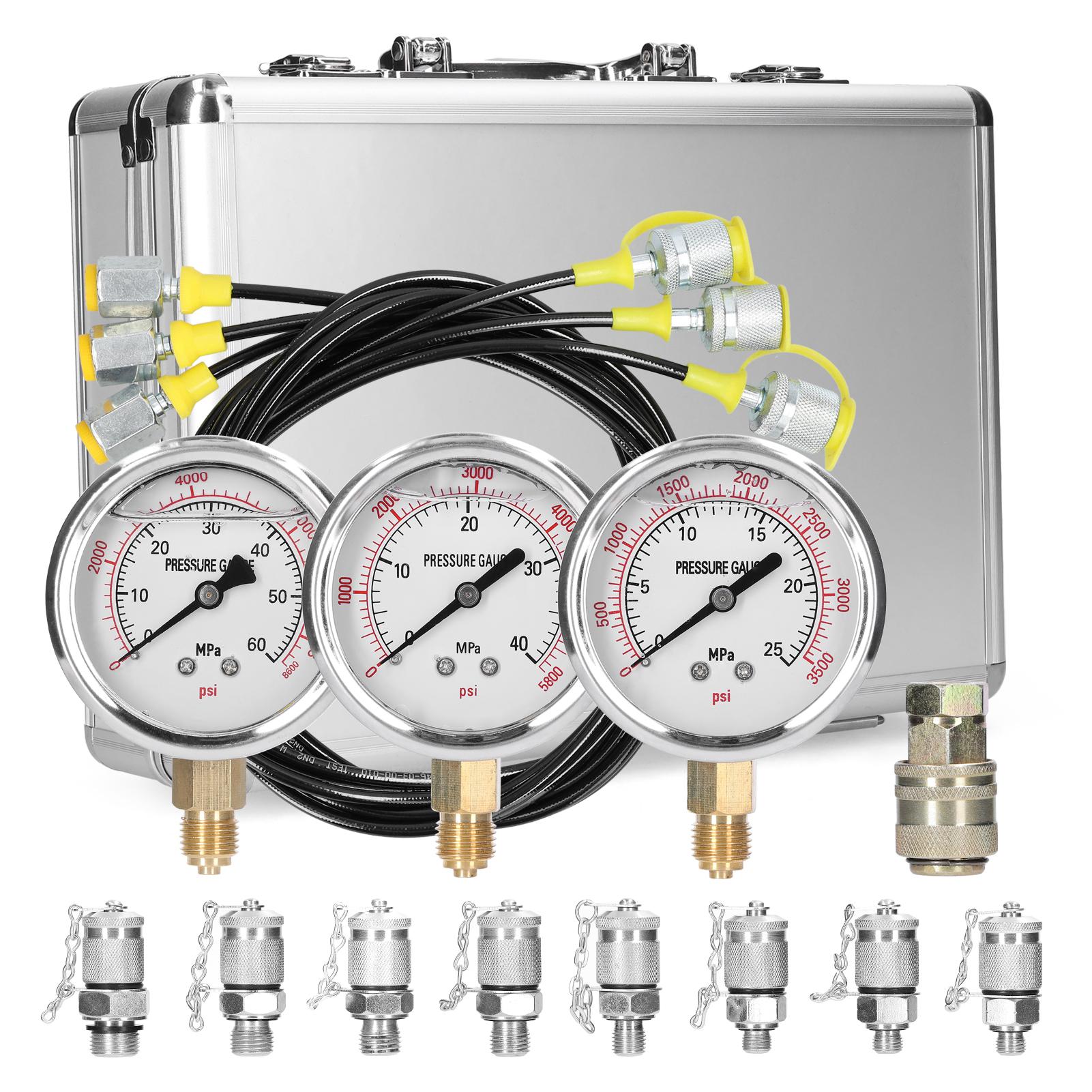 Hydraulic Pressure Gauge Kit Excavator Hydraulic Pressure Meauring Device with 9 Couplings 3 Pressure Gauges 3 Test Hose for Excavator Construction Machinery