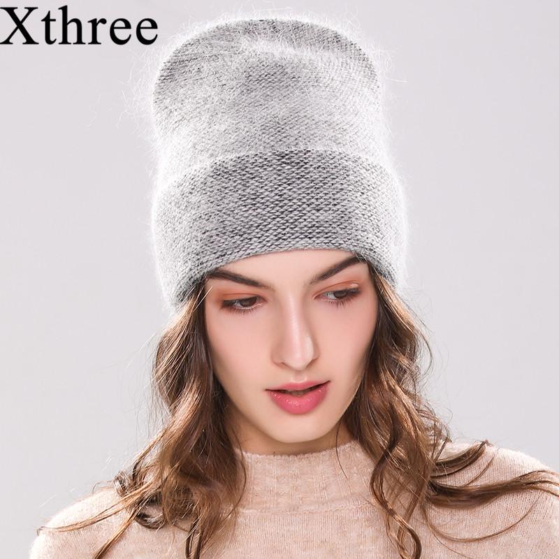 Xthree mới nữ Nón Mùa Đông nón len Angola lông Thỏ bò Bonnet mũ bé gái mùa thu trai nữ giữ ấm nón lưỡi trai thời trang