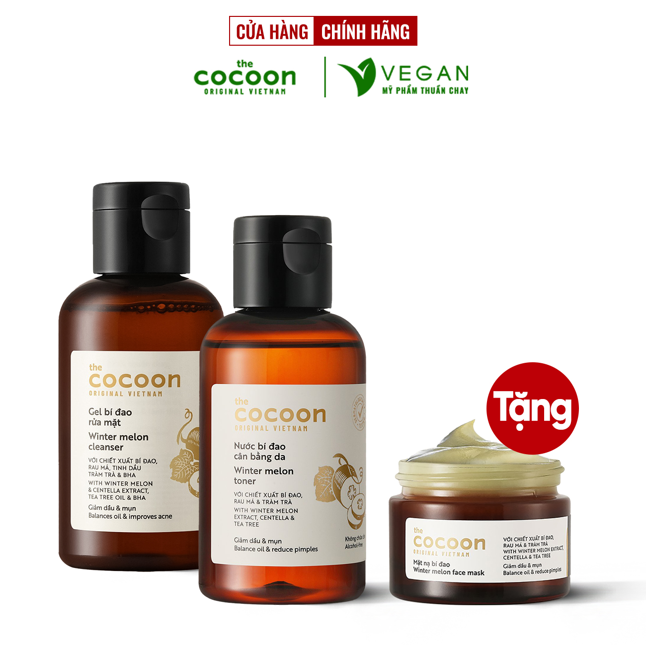 Bộ 3 Gồm Gel rửa mặt bí đao 140ml + Toner nước cân bằng da 140ml + Mặt nạ bí đao cocoon 30ml