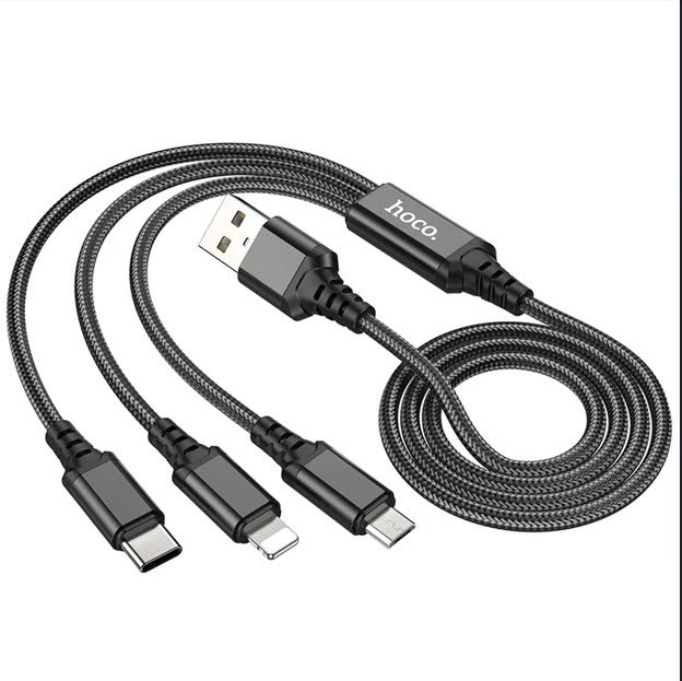 Cáp Sạc Hoco X76 3 Đầu Vỏ Bọc Dù Siêu Bền, Chống Rối, Chống Đứt Gãy Vượt Trội