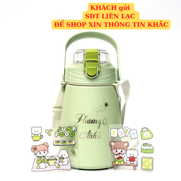 Bình giữ nhiệt Inox304 1000ml KHẮC TÊN bình nước 4 màu có ống hút giữ nhiệt 12h tặng Sticker trang trí-B115