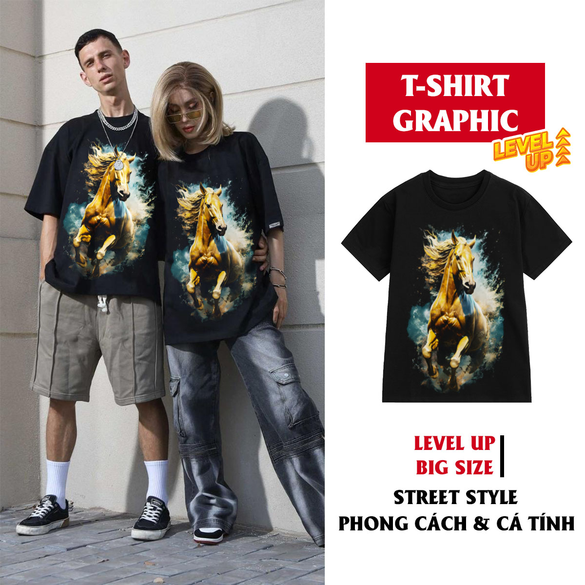 Áo thun nam cổ tròn tay ngắn TeeSett big size boy phố cotton màu đen in hình con ngựa graphic design