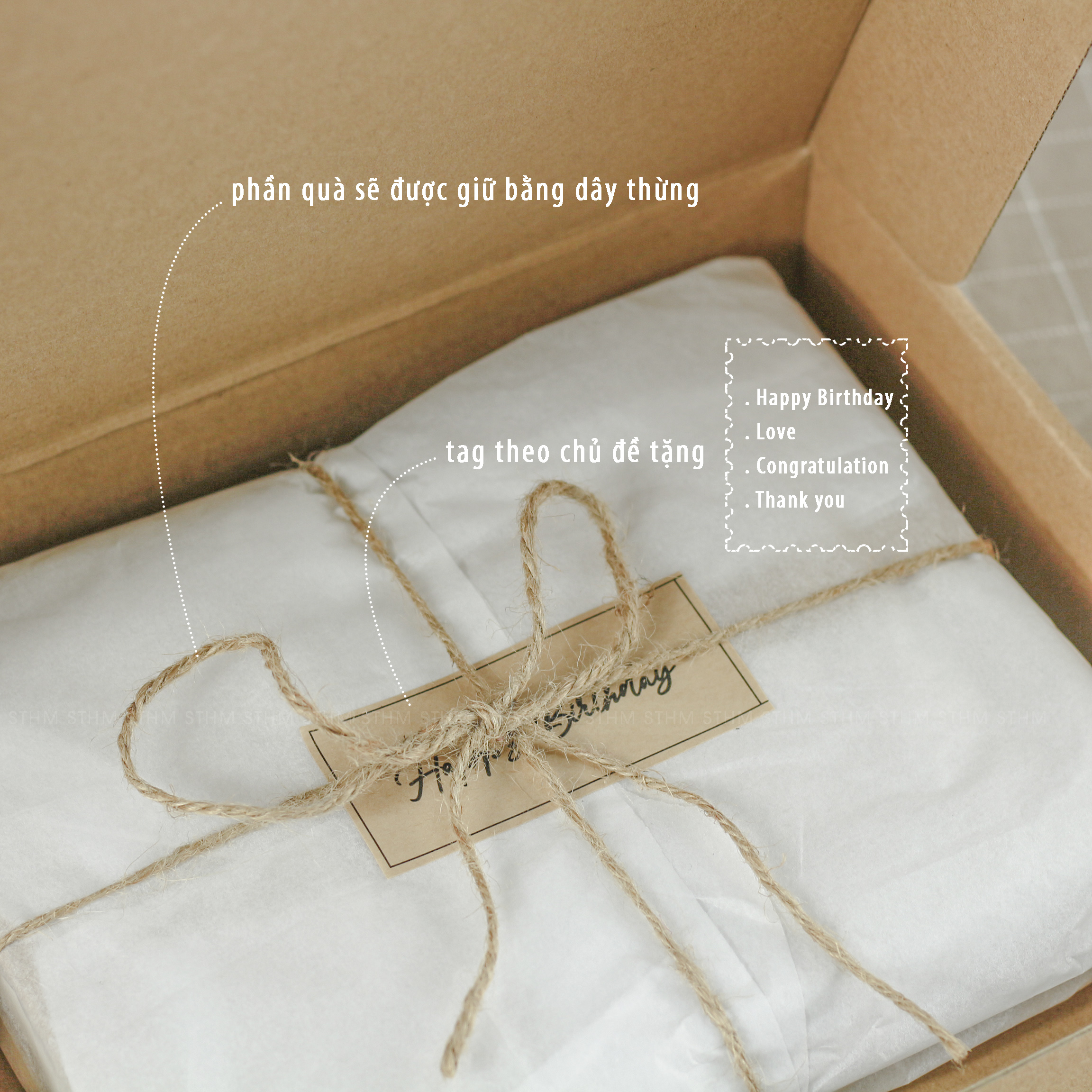 - Hộp quà Handmade Vintage - Chỉ bao gồm hộp và giấy gói bên trong