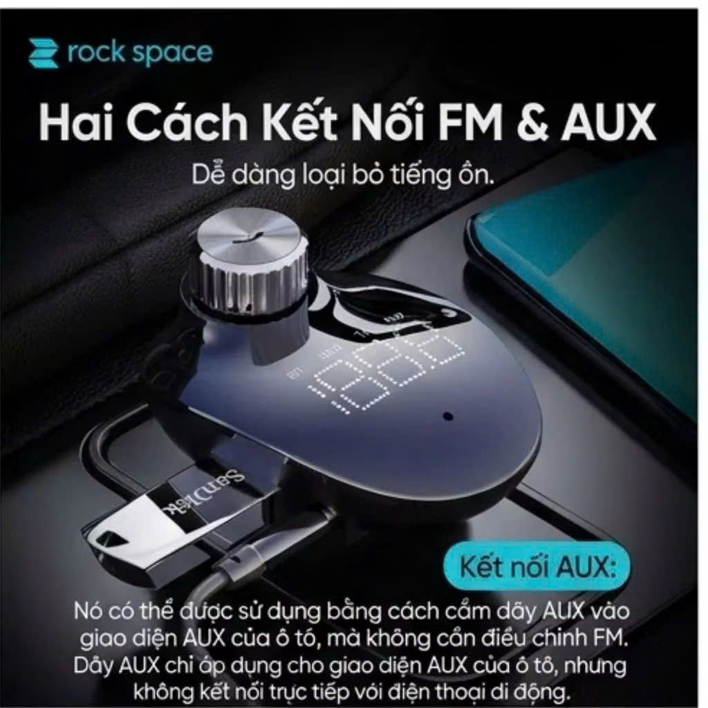 Tẩu sạc trên xe hơi kiêm đầu thu, phát FM Rockspace B302 kết nối bluetooth hàng chính hãng BH 1 năm