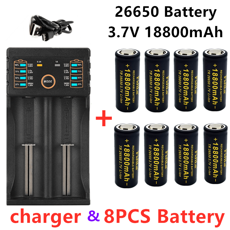 2022 Pin 26650 chất lượng cao mới 18800mAh 3.7V 50A có thể sạc lại lithium ion cho đèn pin LED + bộ sạc Điện áp danh định: 3.7V