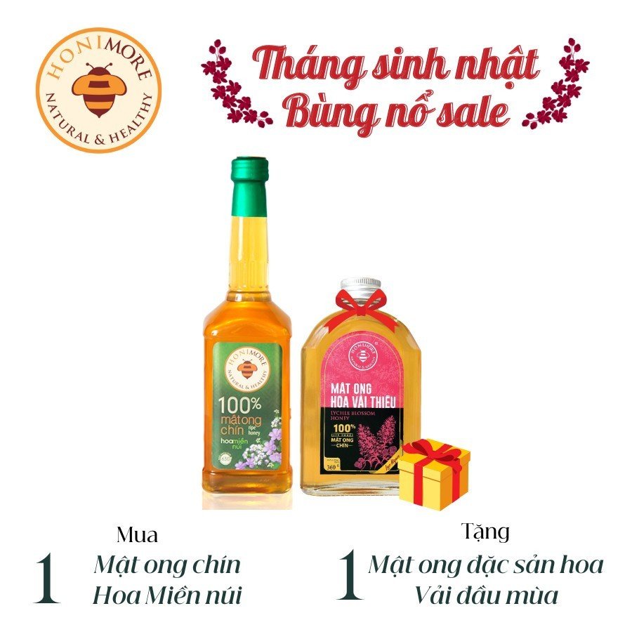 Combo Mật ong nguyên chất Hoa Miền Núi Honimore 630g/chai tặng 1 chai mật ong Hoa Vải Thiều 360g/chai - tăng sức đề kháng