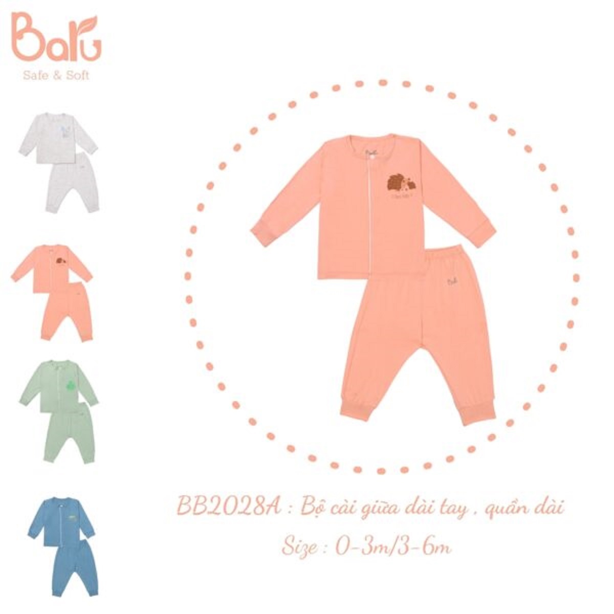 Bộ dài tay cài giữa  BARU cho bé chất liệu cotton mềm mại thu đông cho sơ sinh, quần áo trẻ em ( 0- 6M )