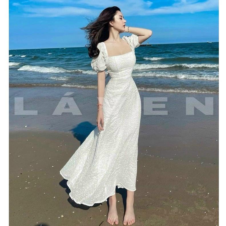 Váy đầm nữ maxi dáng dài trẻ trung tay phồng cổ vuông  cột nơ sau lưng