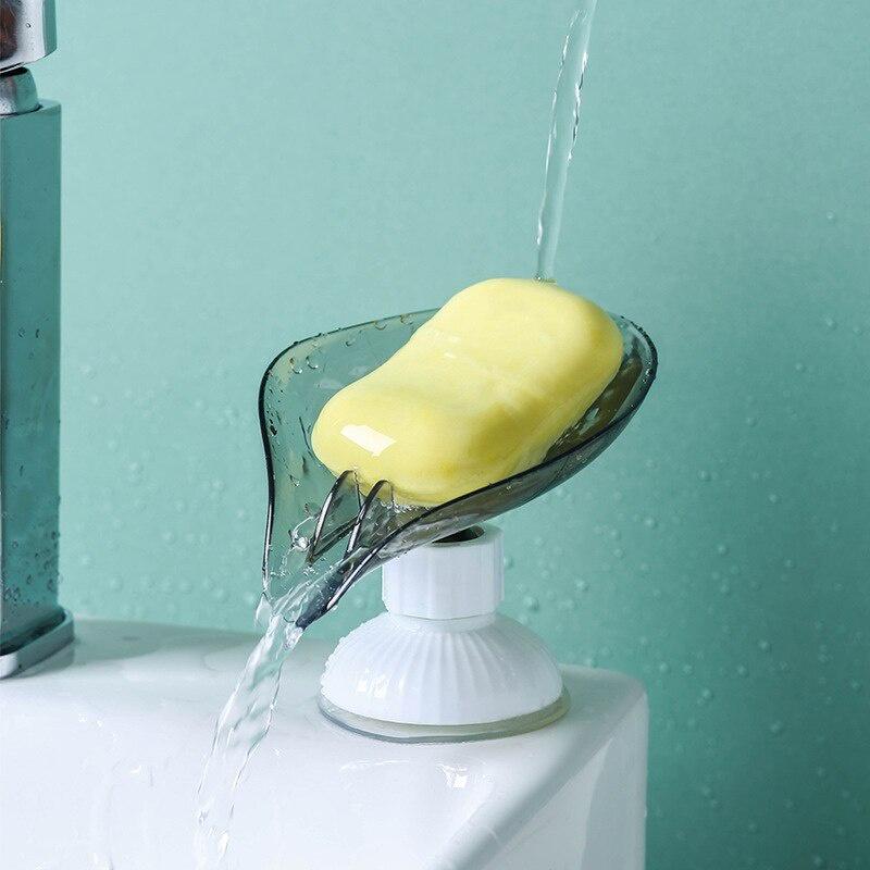Punch-free Soap Box Leaf Shape Drain Soap Holder Bathroom Soap Suction Storage Rack Rotatable Kitchen Bathroom Accessory