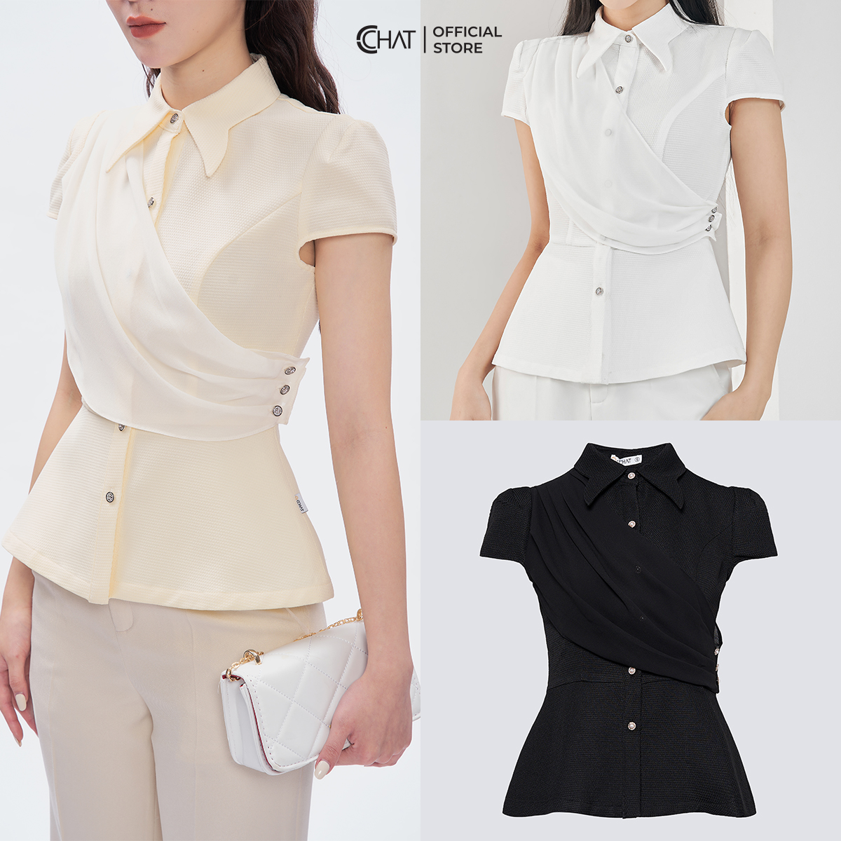 Áo Kiểu Nữ CCHAT Dáng Peplum Chất Tuytsi Cao Cấp 53FNS8008PT