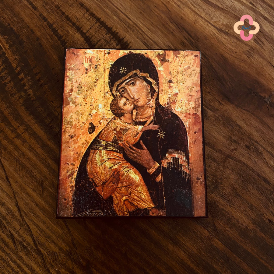 Icon Đức Mẹ Đồng Trinh Vladimir Beati - Tranh Gỗ Thủ Công Màu Rustic / Icon of the Virgin of Vladimir with Baby Jesus Christ