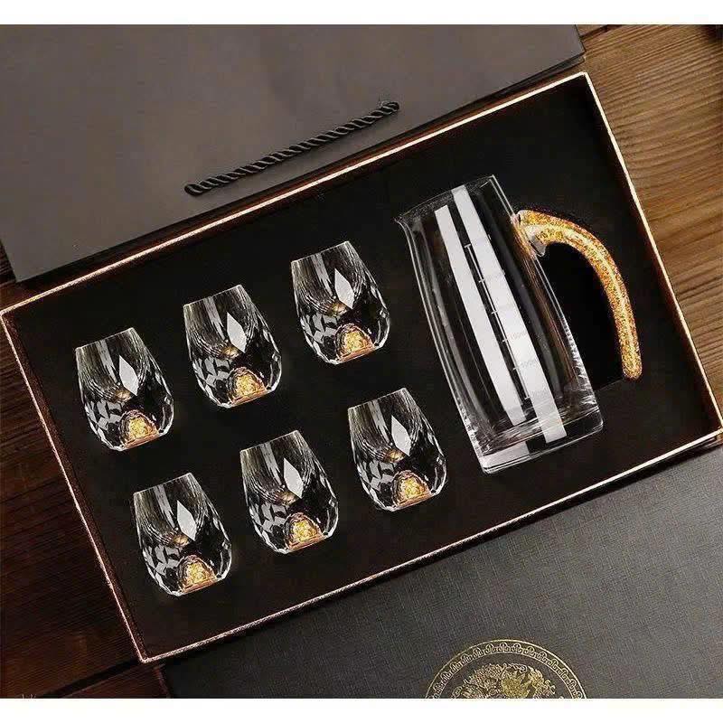 Bộ bình chén rượu pha lê mắt trâu vàng 24k