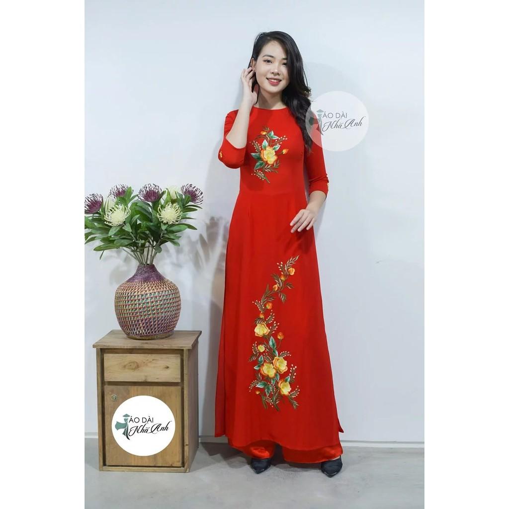 Áo dài truyền thống thêu đỏ hoa xanh - mặc đi lễ hội, sự kiện - Áo dài Nhã Anh - TH05