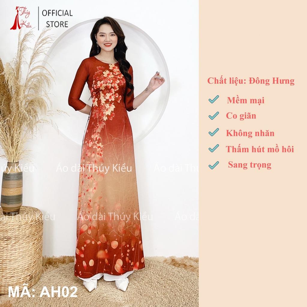 Áo dài thiết kế may sẵn trung niên nữ đẹp cách tân tết hoa nâu AH02 mềm mại, co giãn