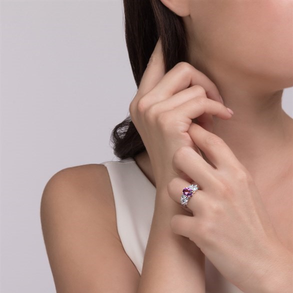 Nhẫn Nữ Bạc Ý Đính Amethyst và Topaz