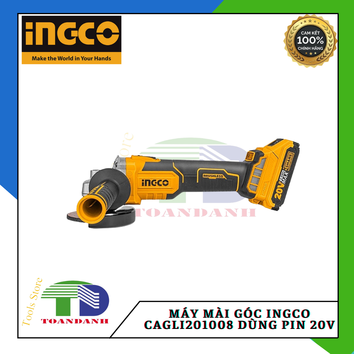Máy mài góc Ingco CAGLI201008 dùng pin 20V 100mm động cơ không chổi than