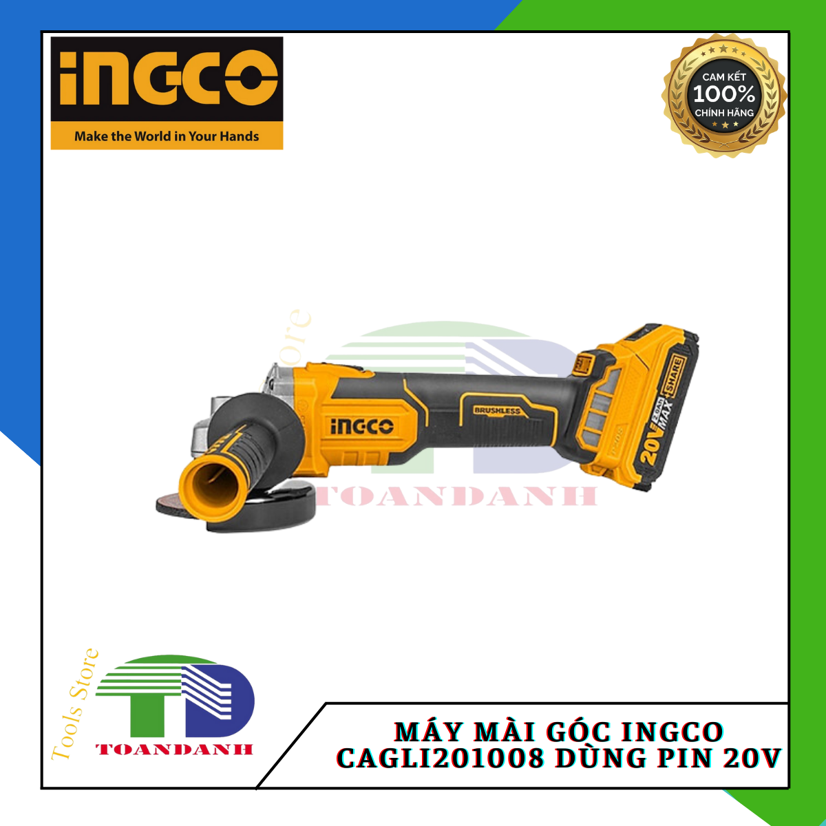 Máy mài góc Ingco CAGLI201008 dùng pin 20V 100mm (không kèm pin và sạc) động cơ không chổi than