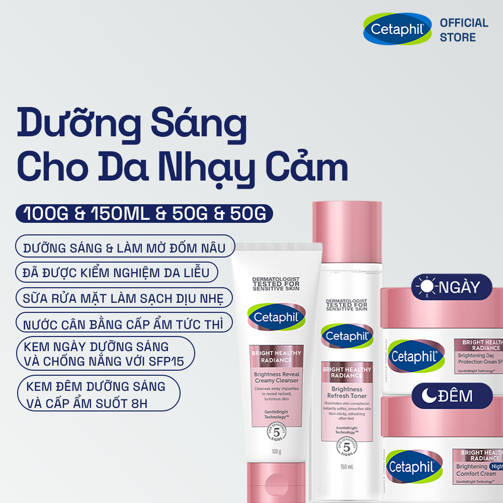 Trọn bộ 4 sản phẩm dưỡng sáng da Cetaphil Bright Healthy Radiance Sữa rửa mặt 100g  Nước cân bằng 150ml  Kem dưỡng ẩm ngày 50g và Kem dưỡng ẩm đêm 50g