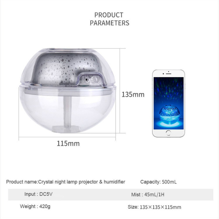 Đèn Chiếu Sáng Ban Đêm Nhiều chế độ màu Và Khuếch tán tinh dầu, Tạo Độ Ẩm USB Crystal Night Light Projection Humidifier 500ml