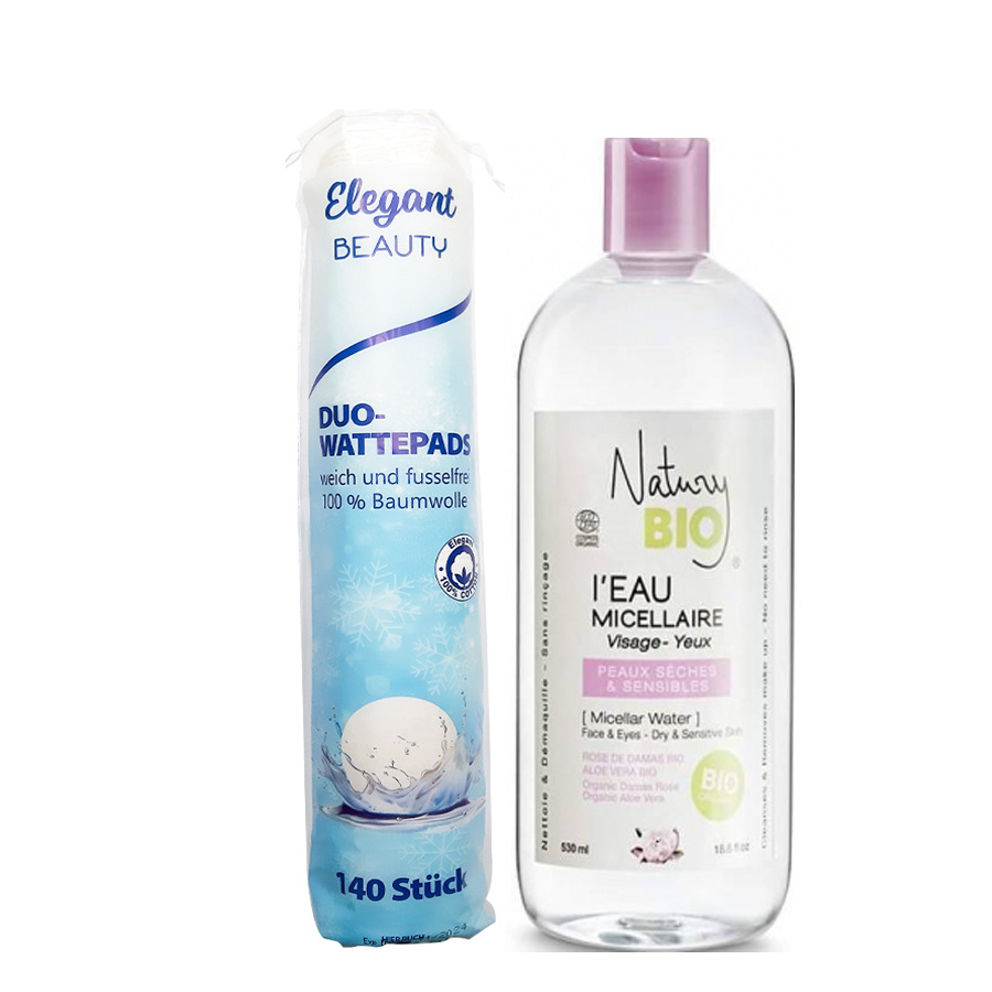 Combo Nước tẩy trang Natury Bio I’Eau Micellar Water 530ml + Bông Tẩy Trang ELEGANT 2 Lớp Beauty 140 Miếng t