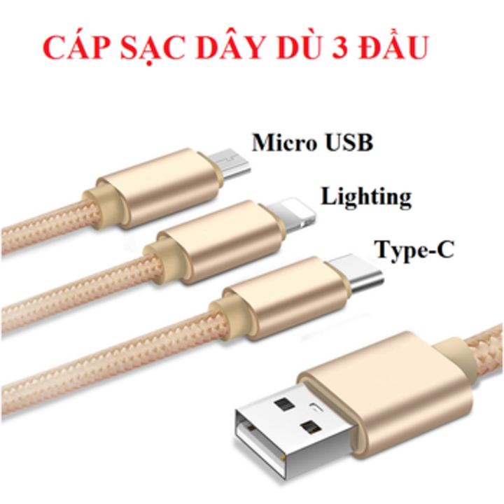 Cáp Sạc 3 Đầu Bọc Dù Siêu Bền, Tương Thích Với Mọi Thiết Bị, Cổng Sạc USB Sang Type C, Light ning, Micro USB, Dây Sạc Điện Thoại Đa Năng, An Toàn, Tiện Lợi - Màu Ngẫu Nhiên