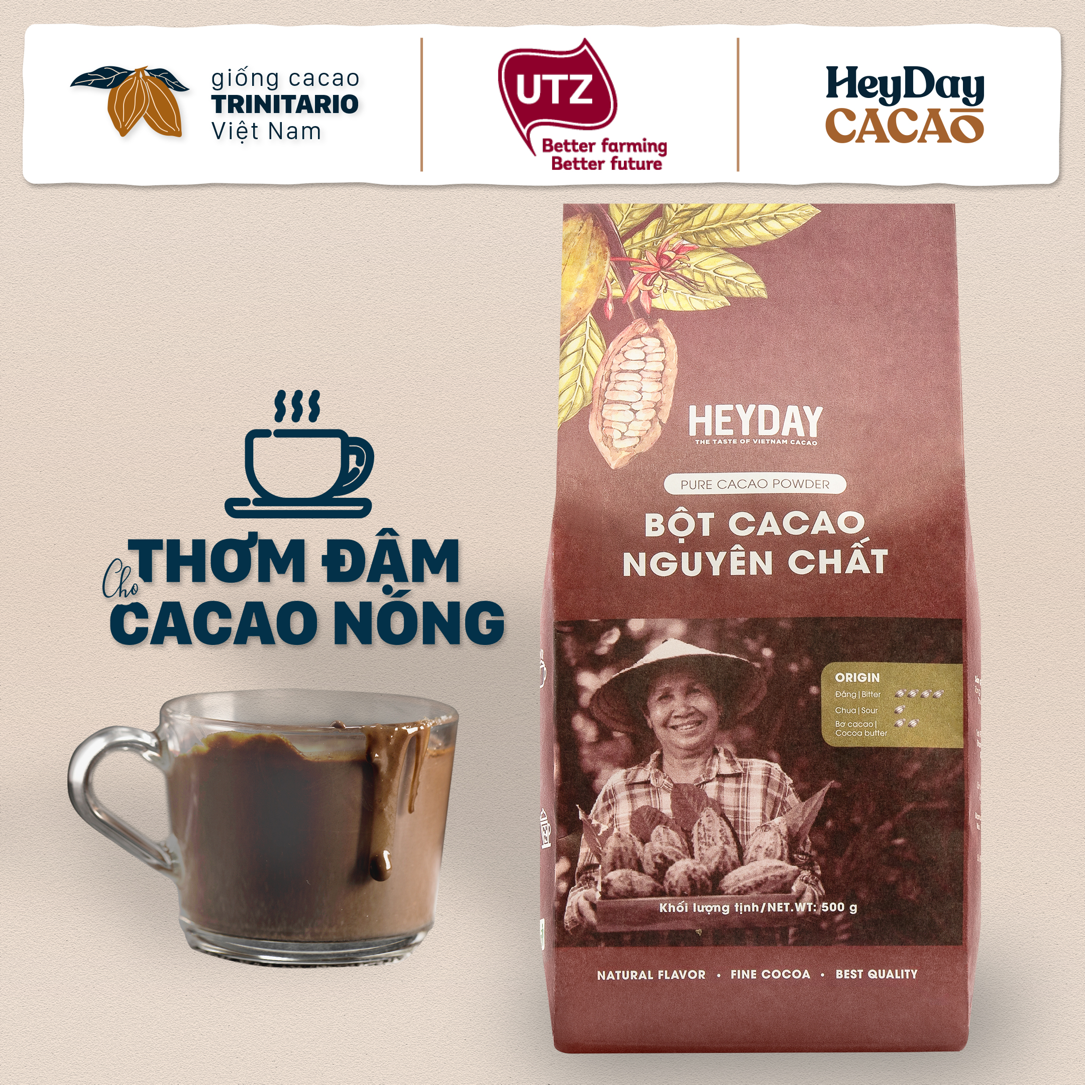 Bột cacao nguyên chất 100% Việt Nam - Dòng Origin thượng hạng túi giấy 500g - Heyday Cacao